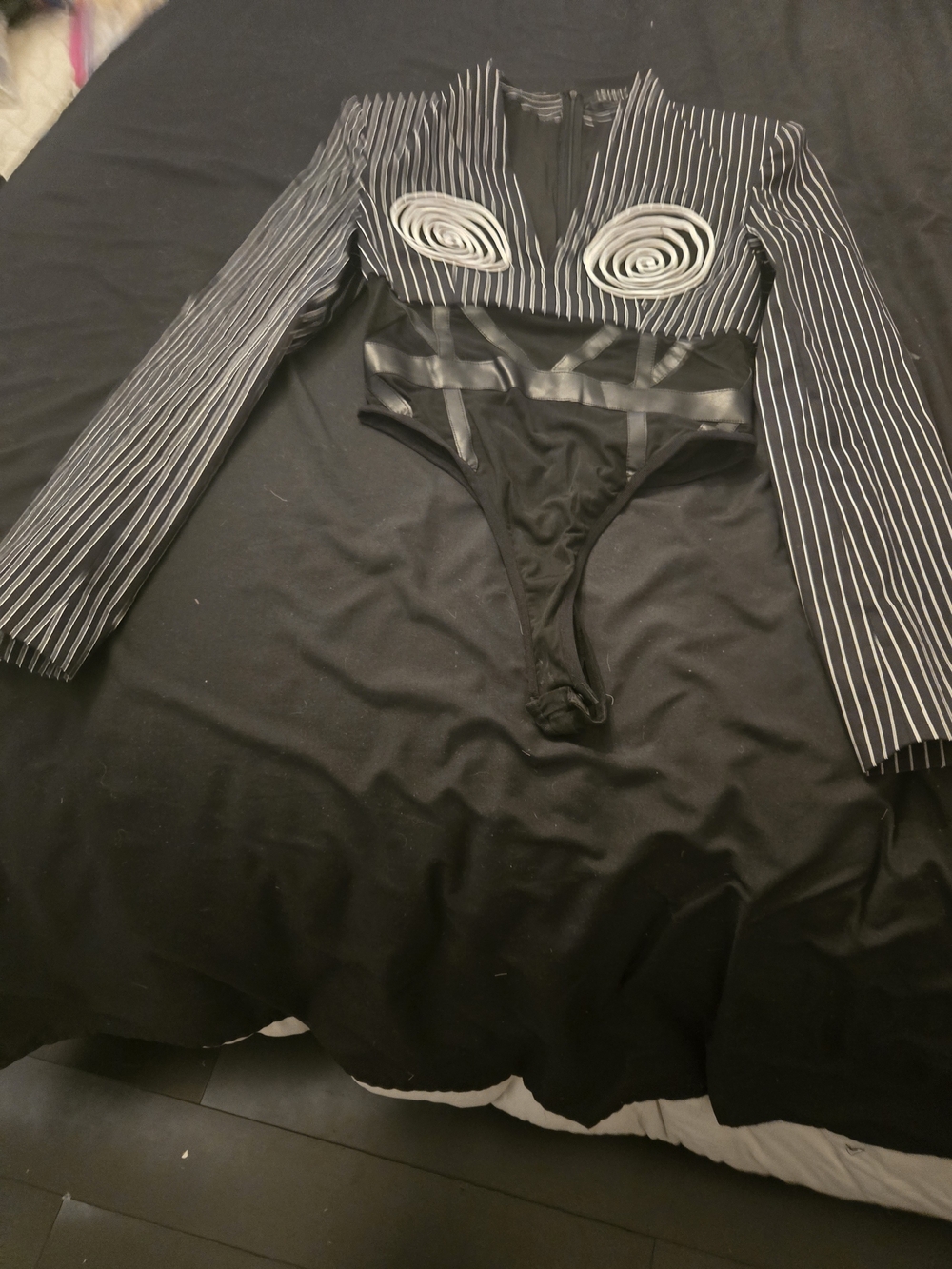 AKIRA Black Pinstripe Long Sleeve Bodysuit with White Spiral Appliqué - Picture 3 of 10